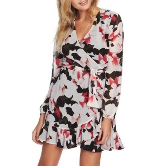 1 STATE woman's size 4 Moonlit Petals floral ruffle sheer long sleeve mini dress - Picture 1 of 15